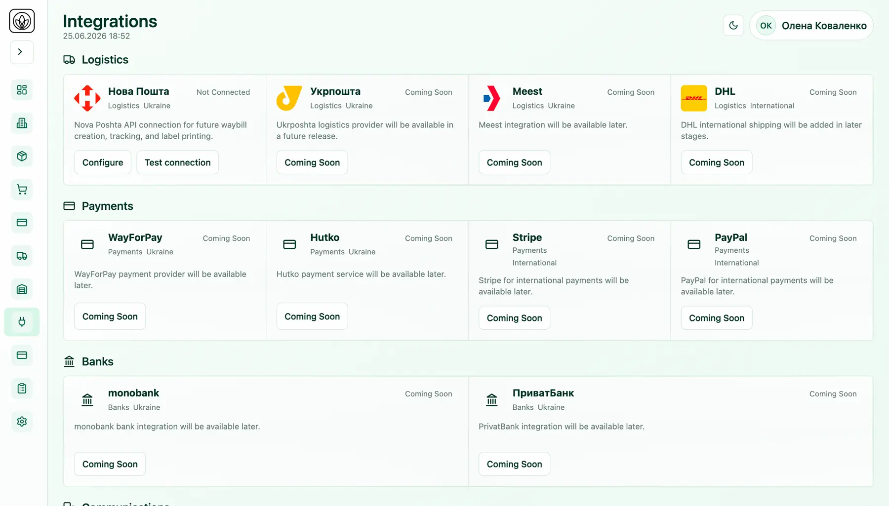 Kvitka CRM integrations hub with Nova Poshta delivery configuration