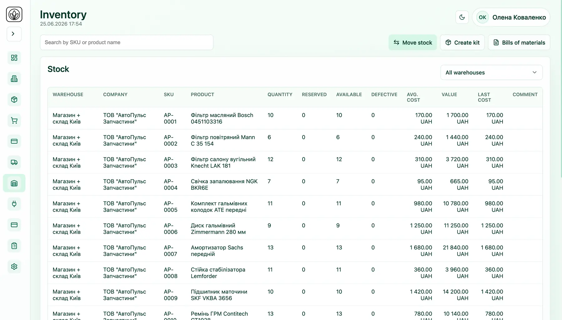 Kvitka CRM warehouse inventory stock balances and batches list