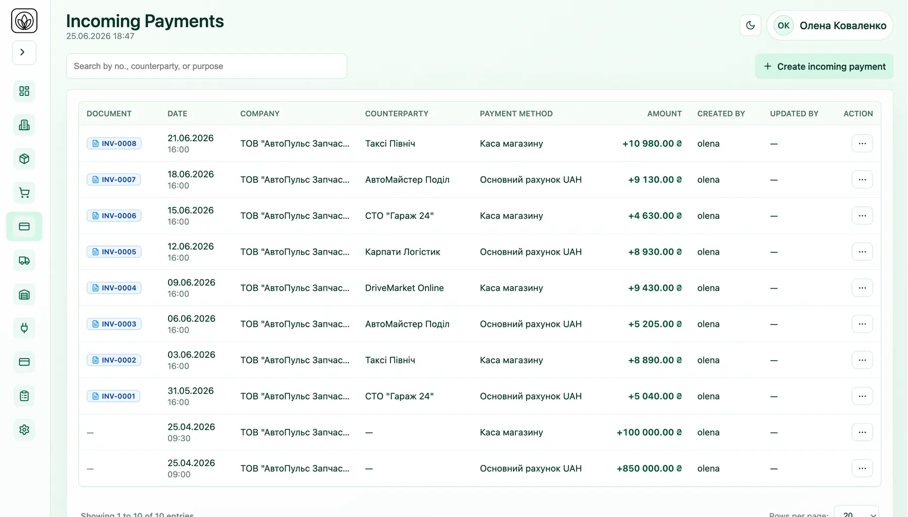 Kvitka CRM financial payments register and accounts balance