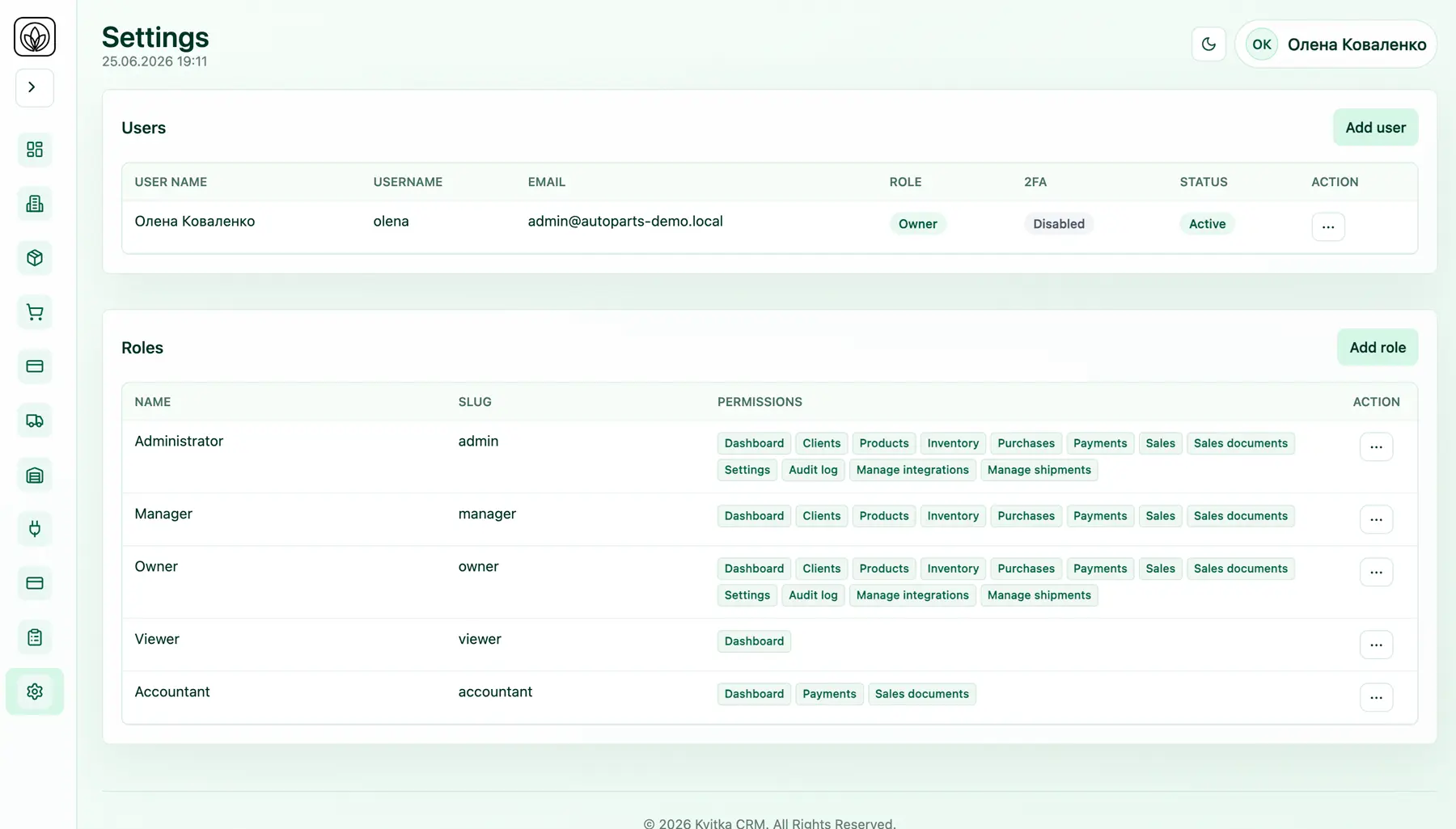 Kvitka CRM roles and permissions employee access controls